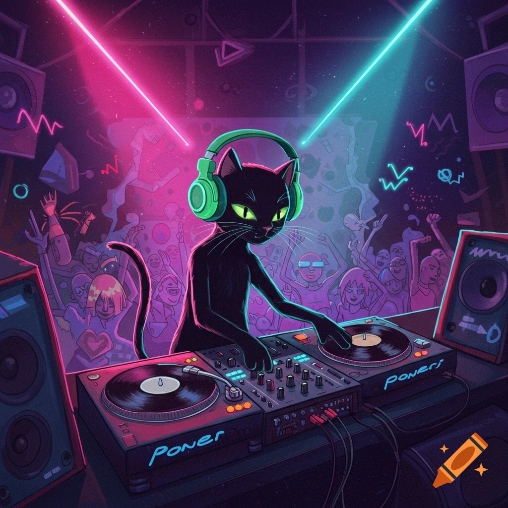 A black cat with headphones DJing at a glowing rave with a crowd dancing.