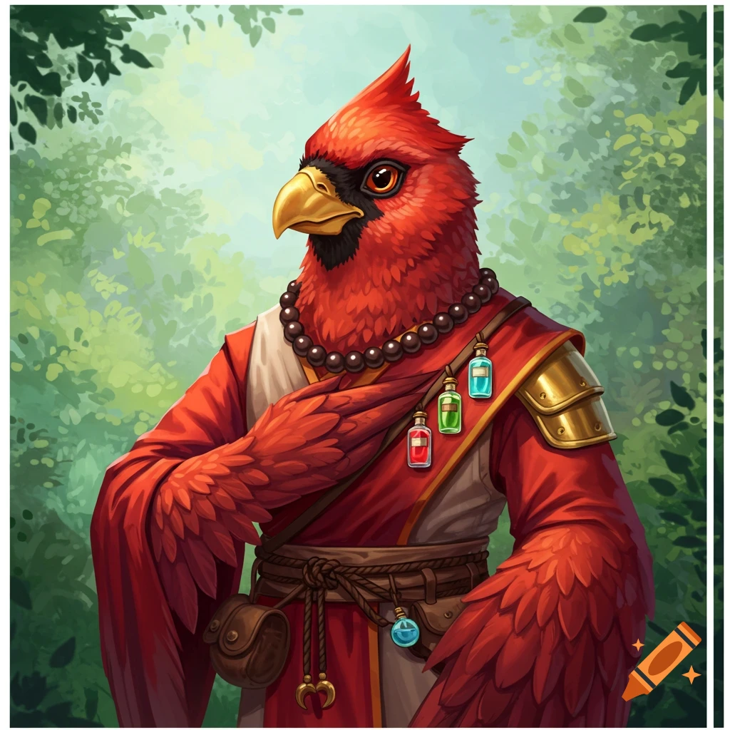 A cardinal Aarakocra monk character wears red and white robes, beads, and potions, set in a forest background.