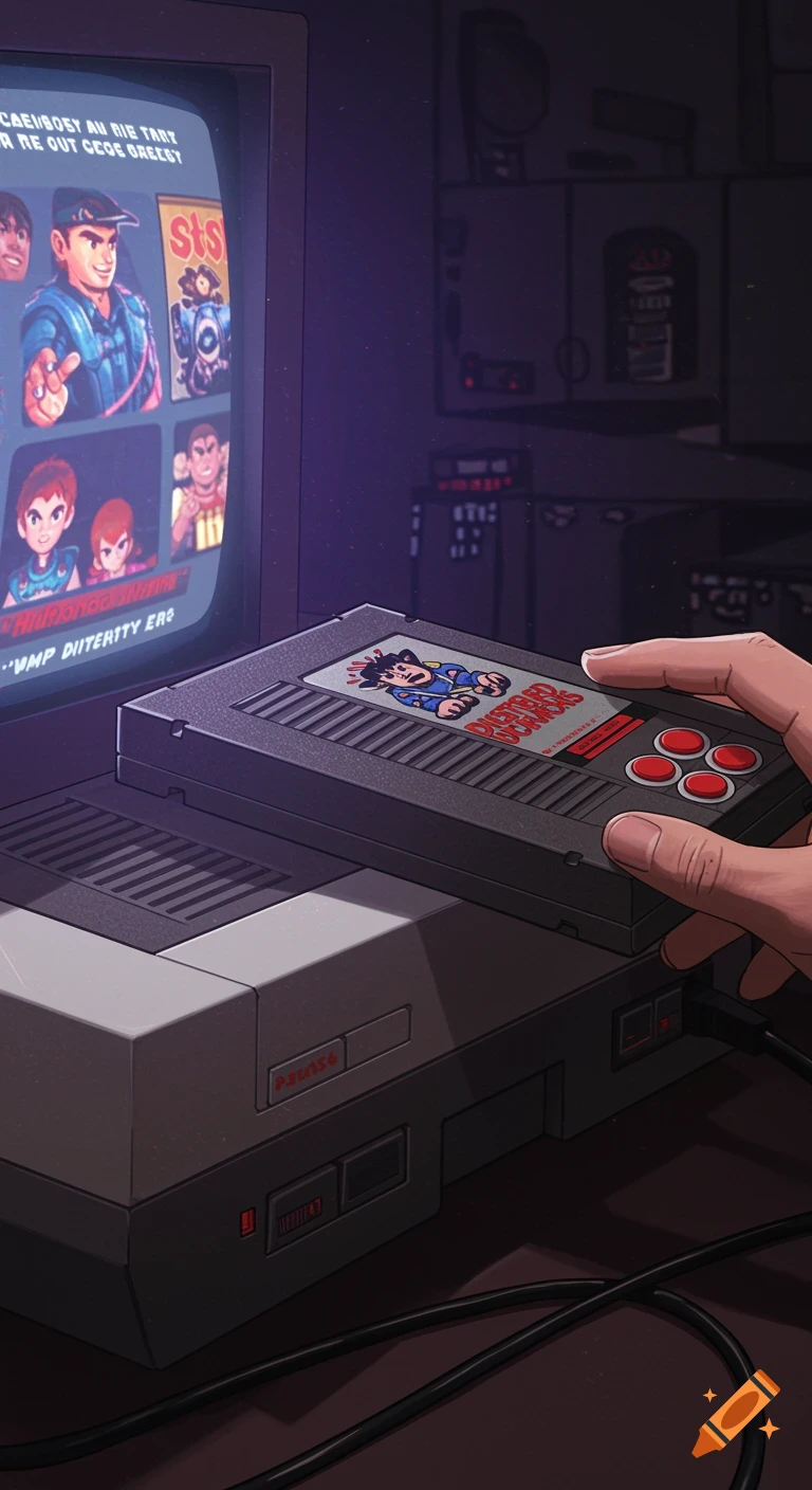 Hand holding an NES cartridge over a console with a TV screen displaying pixel art characters.