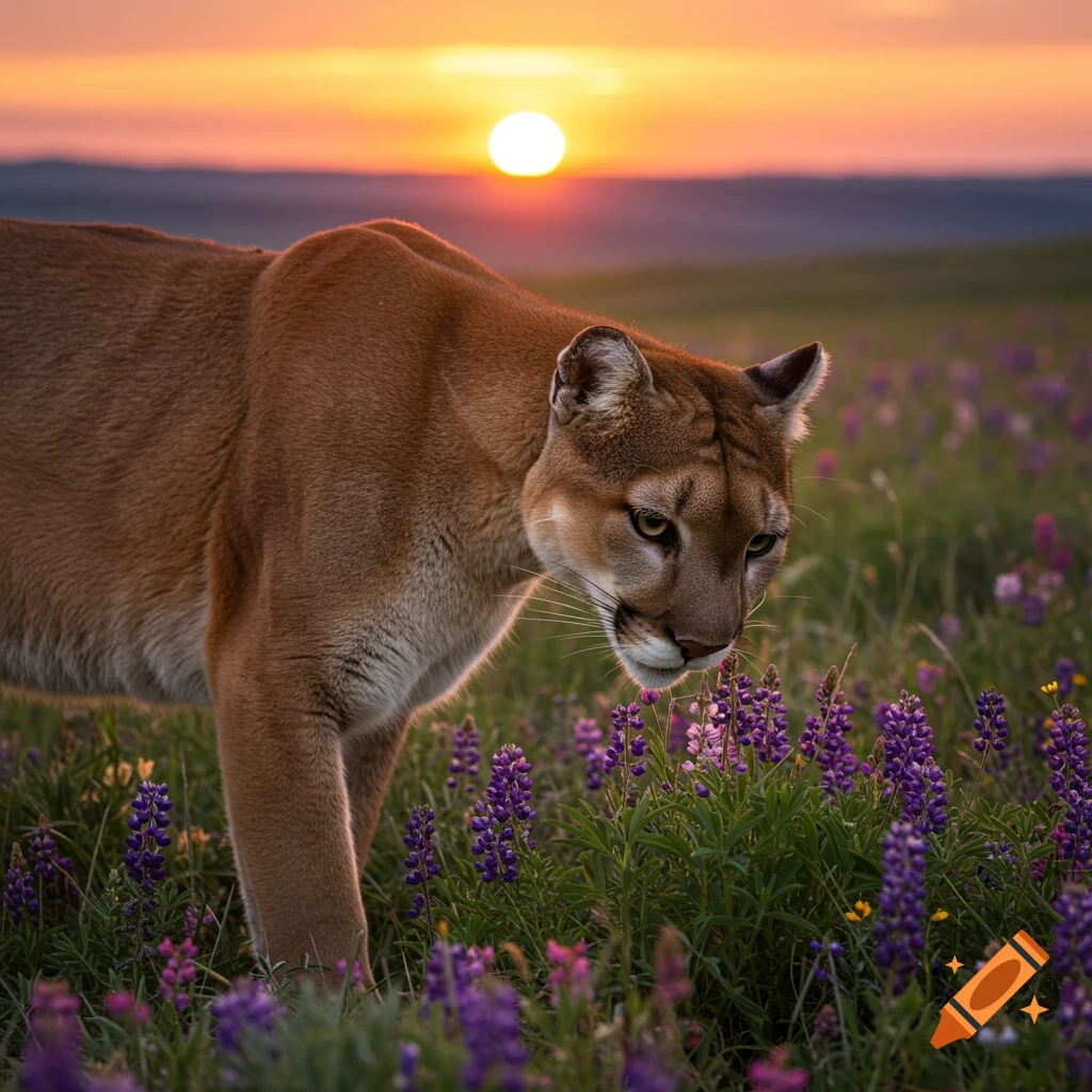 Photorealistic image of a cougar smelling purple flowers in a field at sunset.