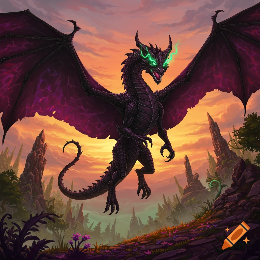 A black dragon with purple wings hovering above a rocky landscape at sunset.