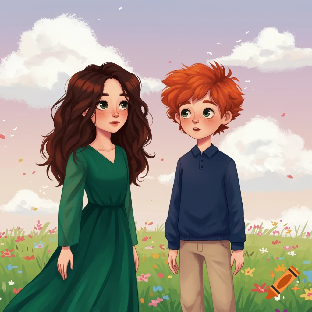 Whimsical illustration of a girl with brown hair and boy with orange hair standing in a colorful flowery meadow under a pastel sky.