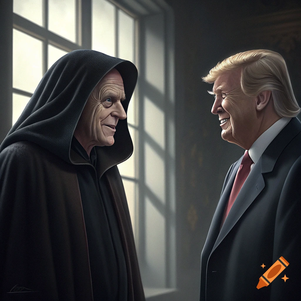 A person dressed as Emperor Palpatine faces and talks with Donald Trump in a suit.