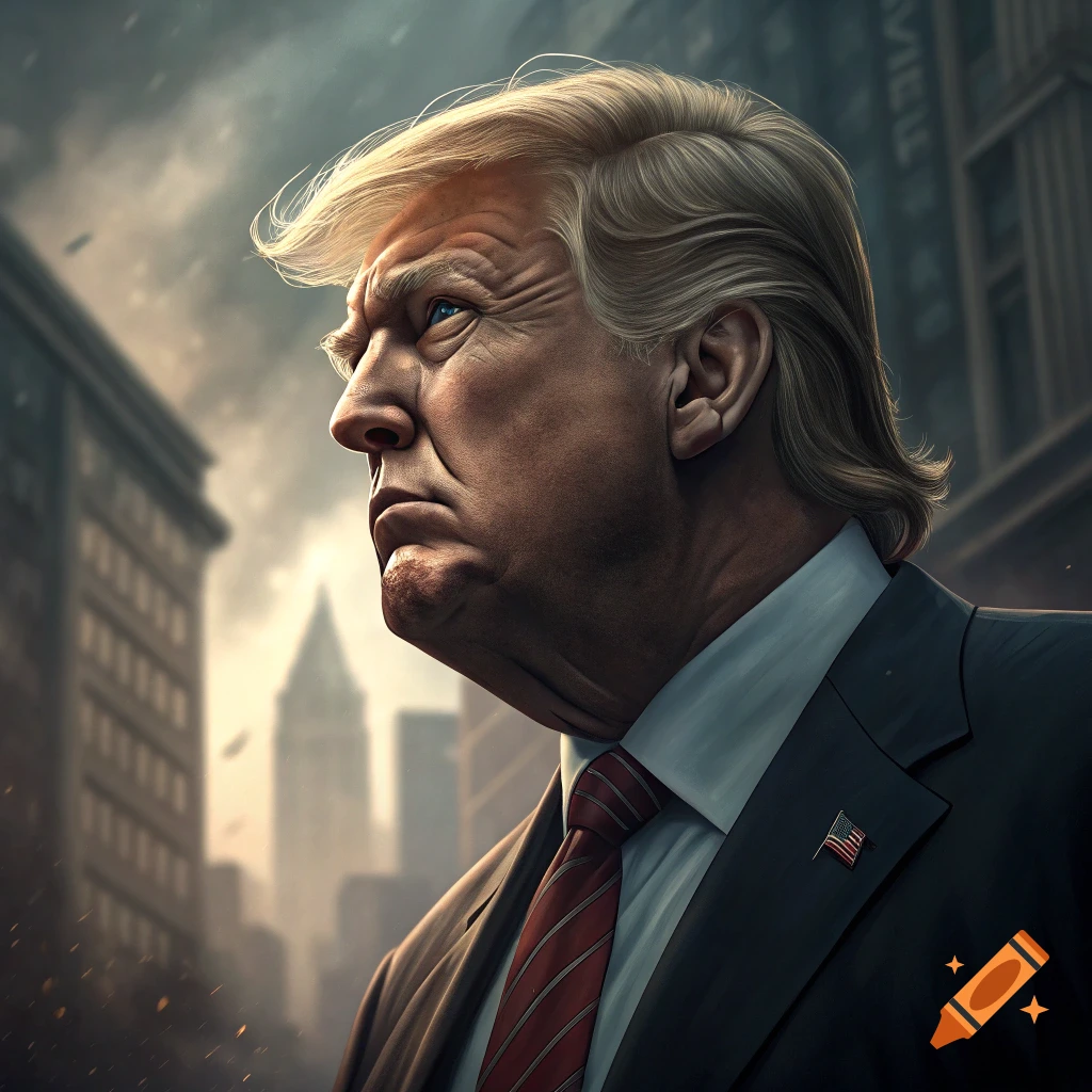 Close-up profile portrait of Donald Trump in a suit and tie, with a dramatic city background.