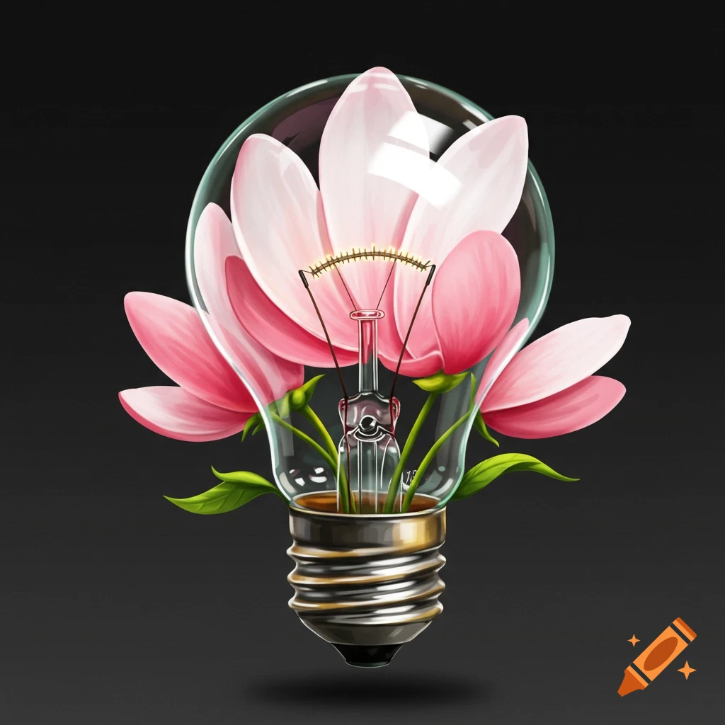 A lightbulb containing pink flowers and green stems