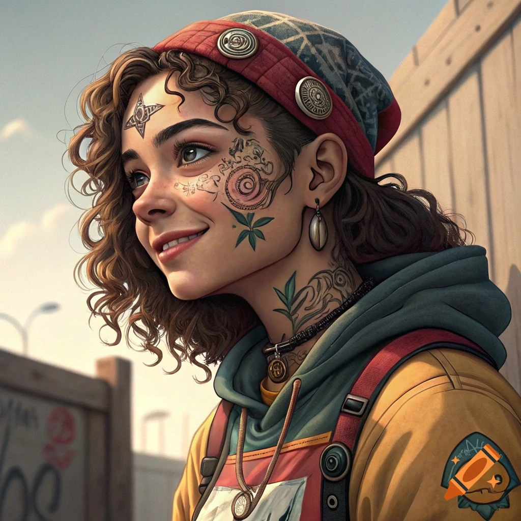 A stylized portrait of a smiling woman with tattoos on her face and neck, wearing a hat and hoodie.