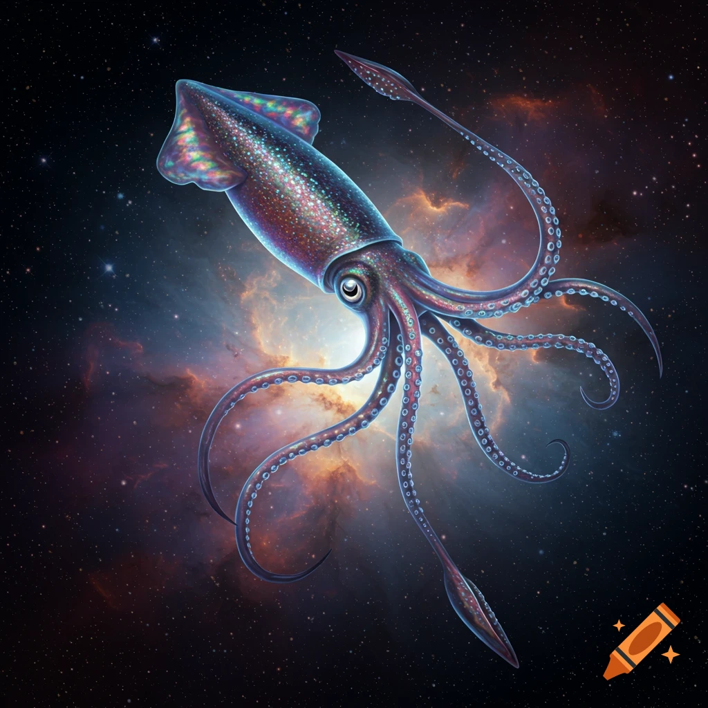 A colorful squid floats in space against a swirling nebula and stars.