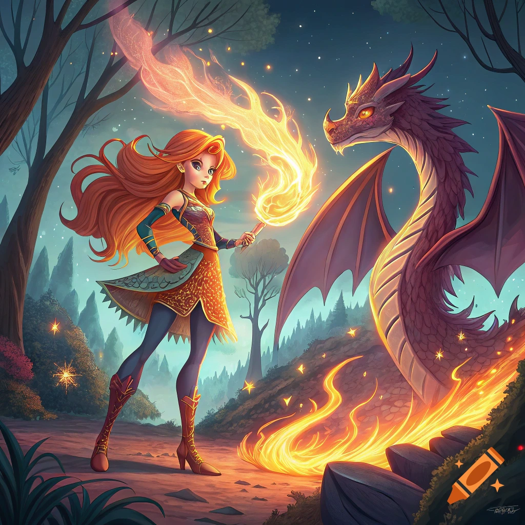 A young woman with long red hair holds a flame facing a dragon in a forest at dusk. Stylized fantasy art.