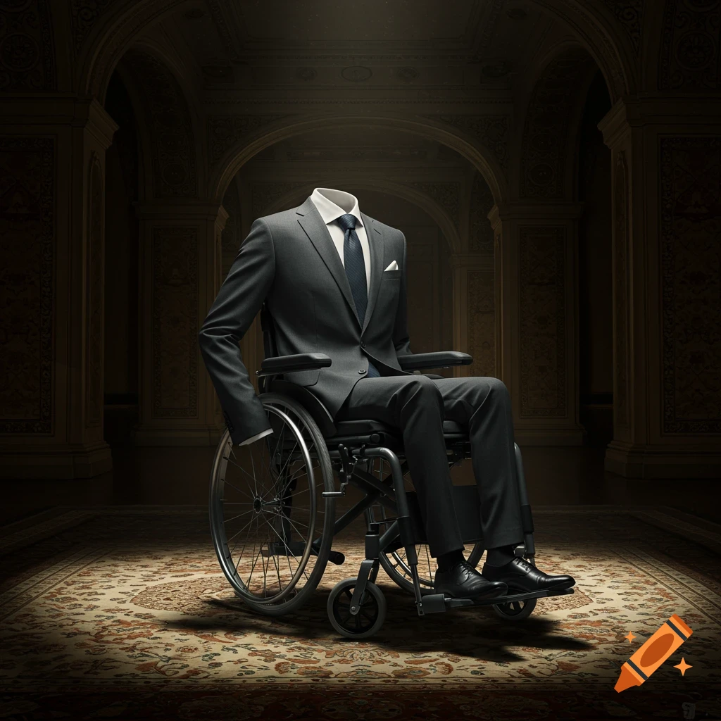 A dark gray suit and tie sit empty in a wheelchair in a grand hallway.