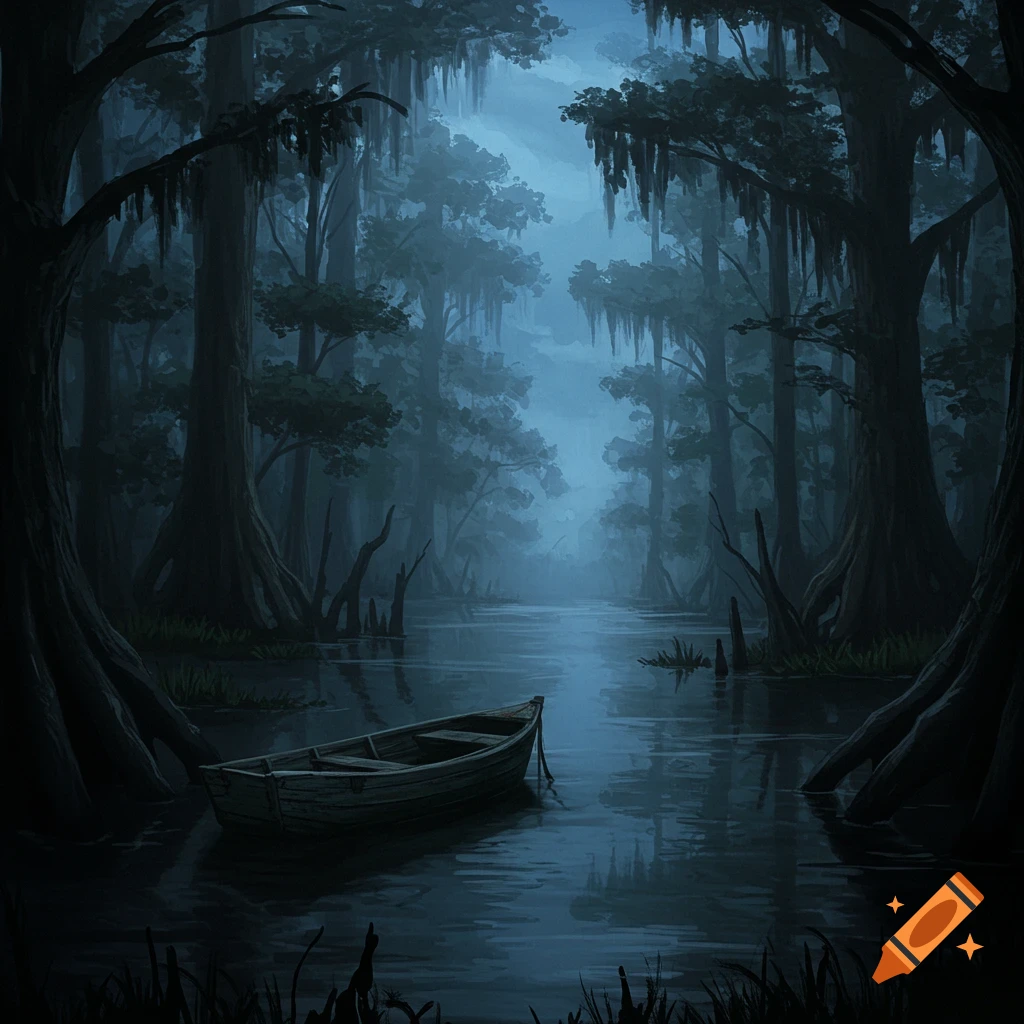 Painting of a boat on a dark swamp river surrounded by a dense forest at night.