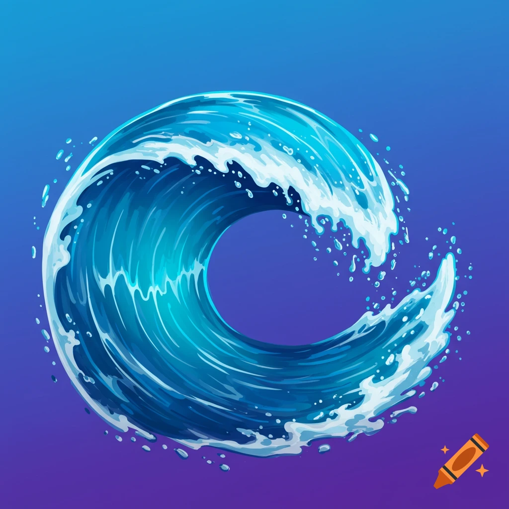 A stylized blue water wave illustration on a gradient background.