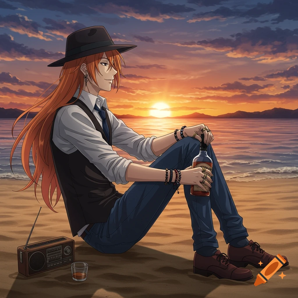Anime man with orange hair and hat sits on beach at sunset, holding a bottle.