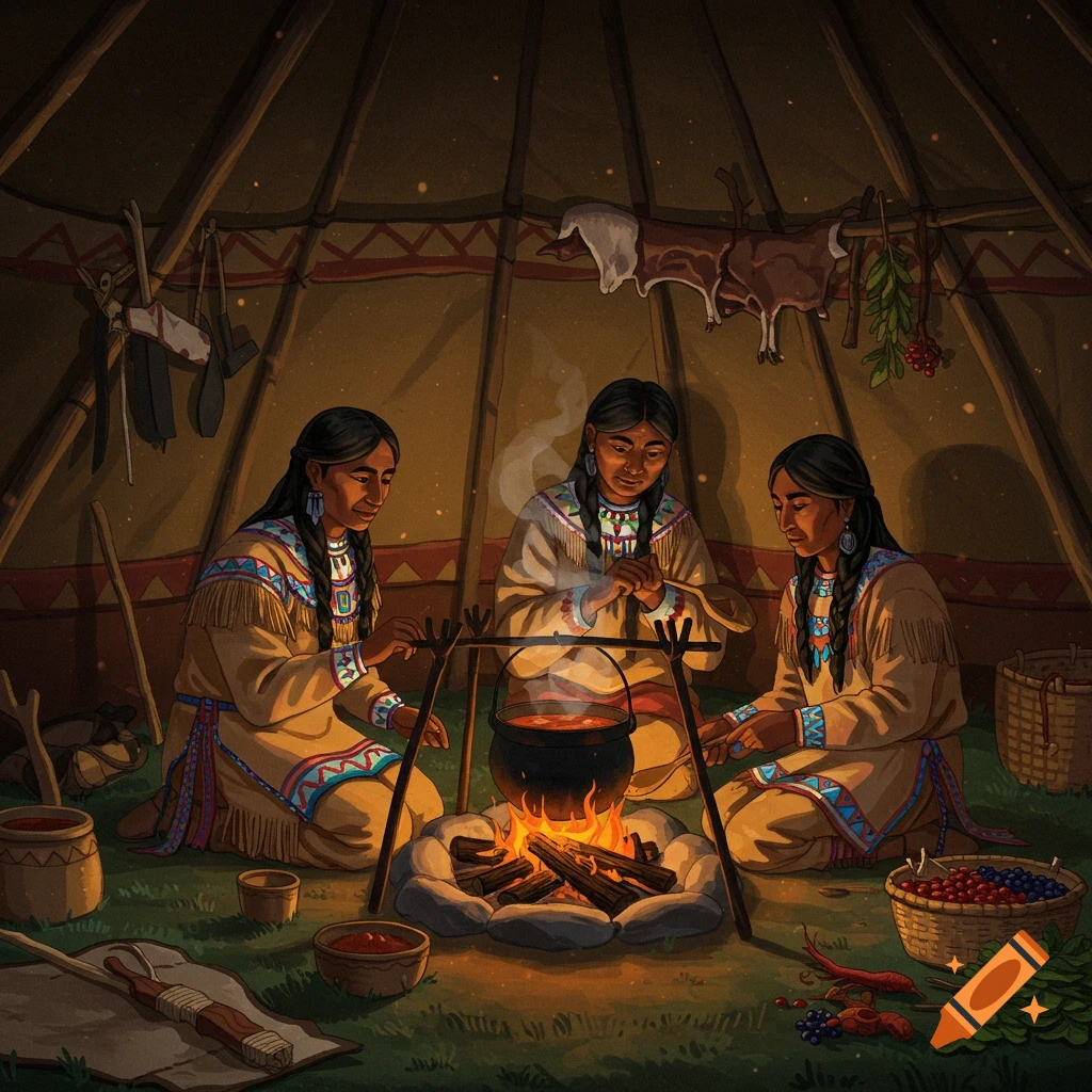 Three people in traditional clothing cooking over a fire inside a teepee