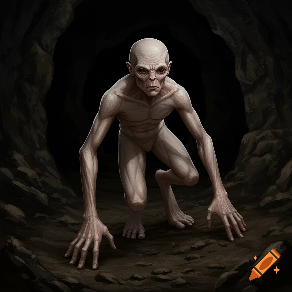 A pale, gaunt humanoid creature is crouching in a dark cave with long arms reaching forward.