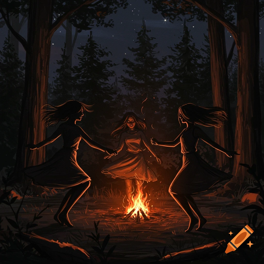 Three women dancing around a campfire at night in a dark forest, stylized illustration.