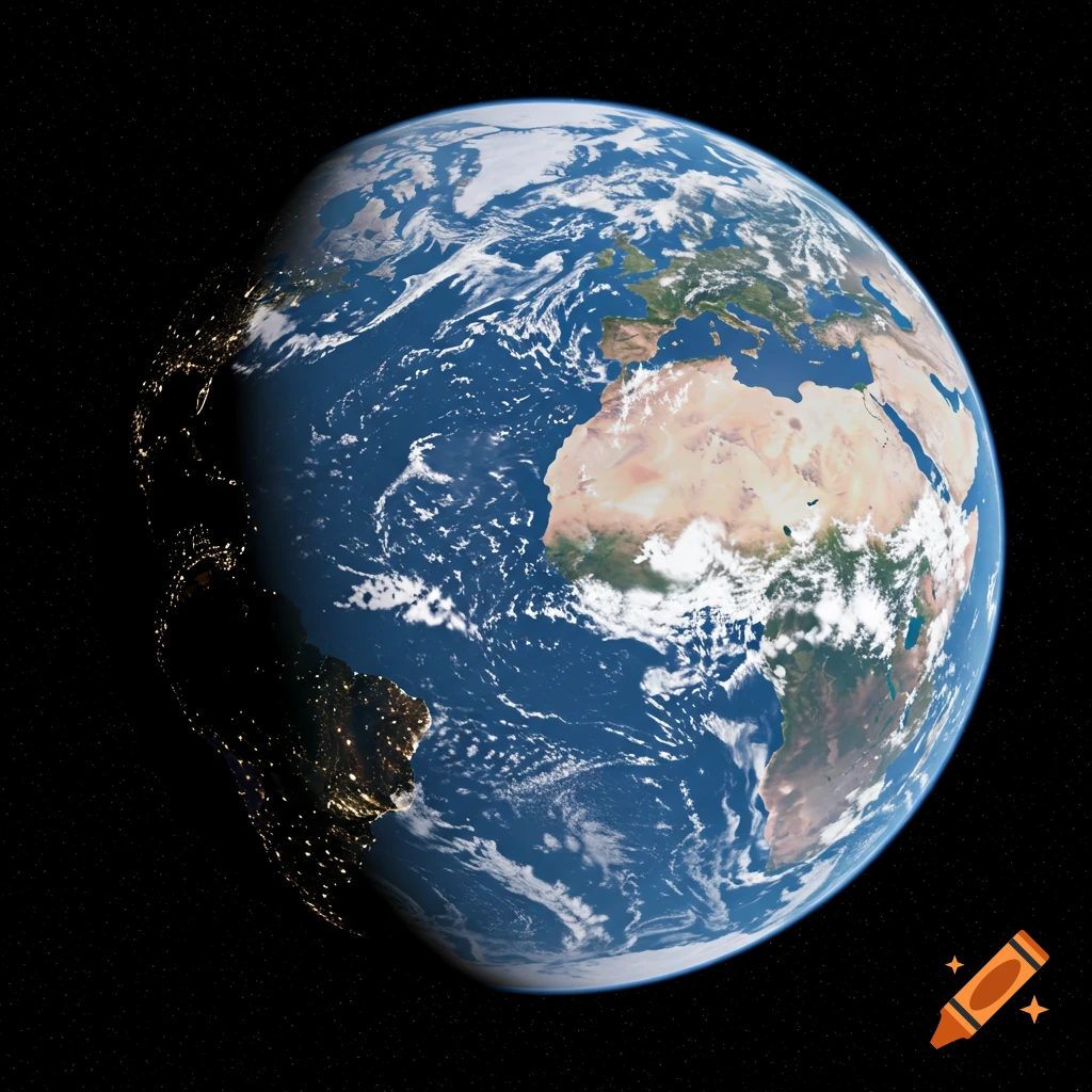 Earth from space showing Africa, Europe, South America, day, and night city lights