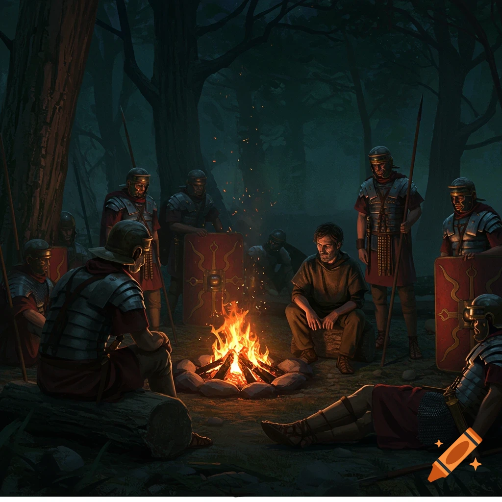 Roman soldiers and a civilian by a campfire in a forest.