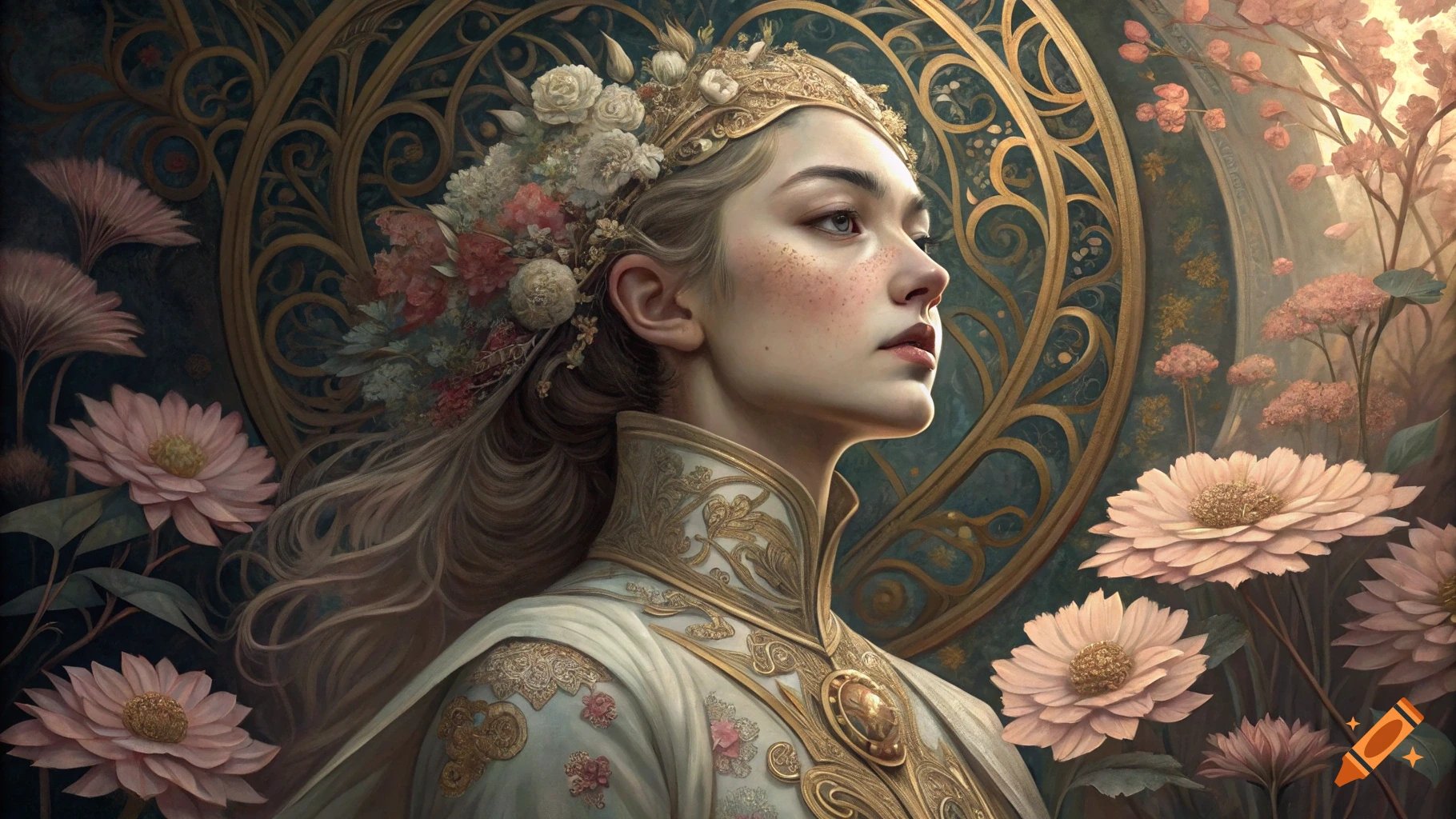 Portrait of a young woman with flowers and ornate clothing in art nouveau style