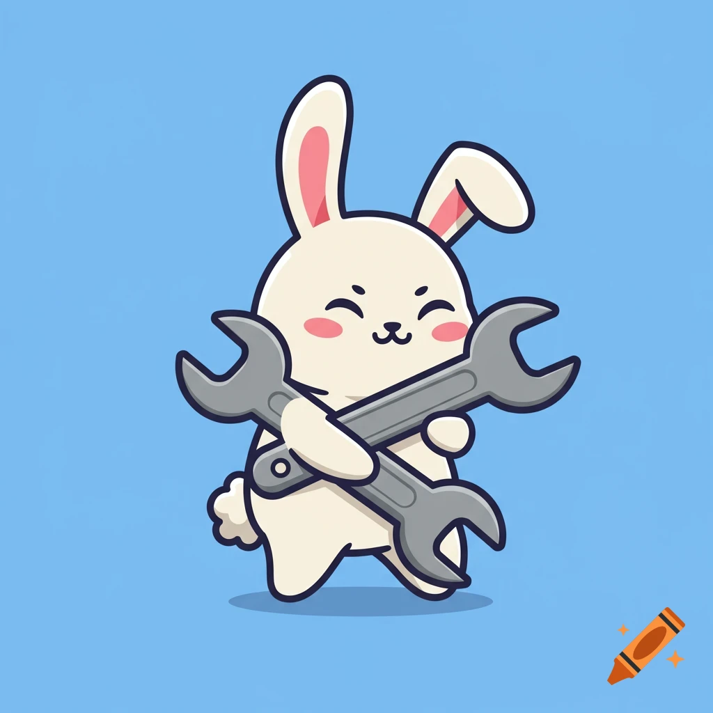 A cute cartoon bunny holding a wrench in a vector graphic style.