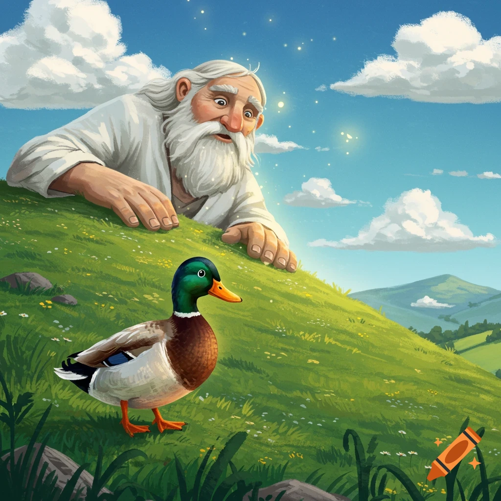 A large man with a white beard peers over a grassy hill at a mallard duck walking up.