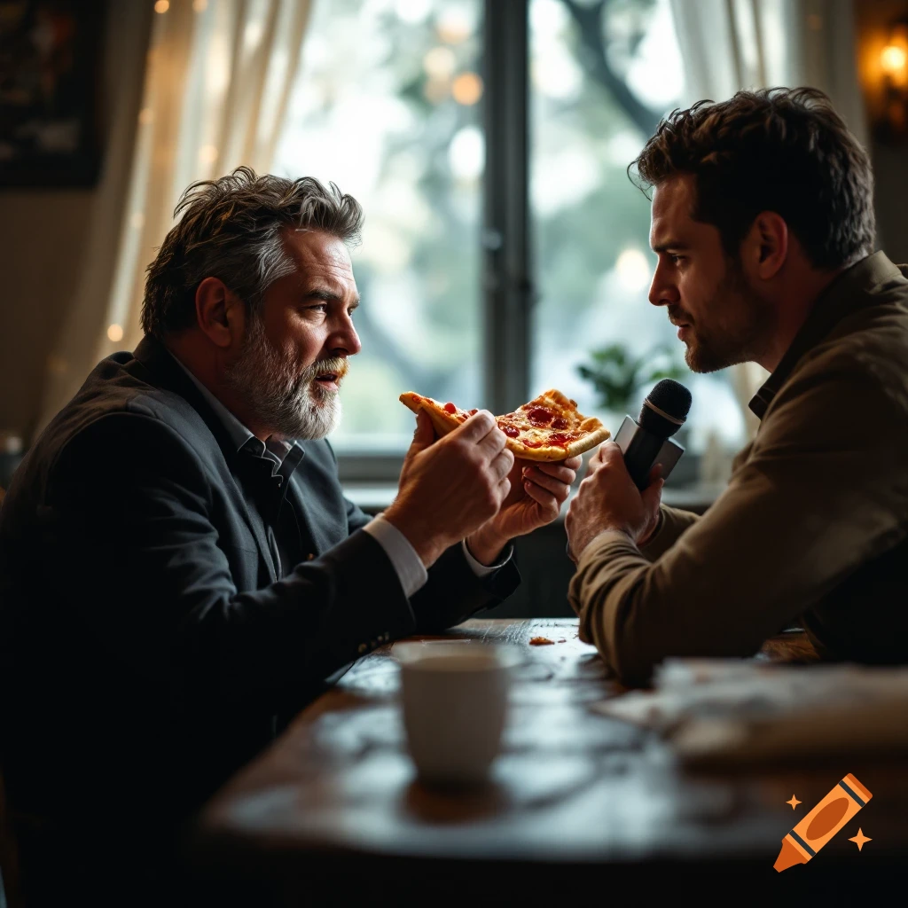 Man with beard eating pizza while being interviewed by a man with a microphone in a restaurant, photorealistic.