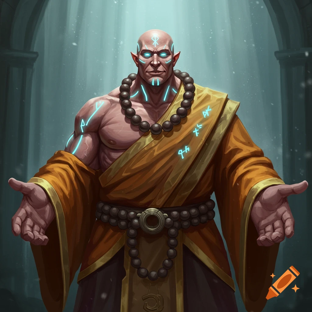 A muscular bald monk with pointed ears and glowing runes on his skin, extending hands.