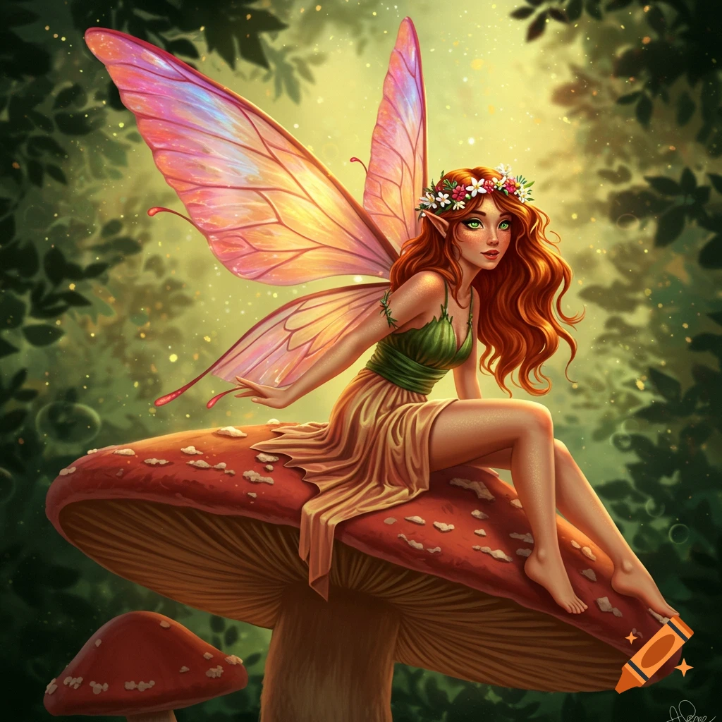 A fantasy fairy sitting on a mushroom in a forest.
