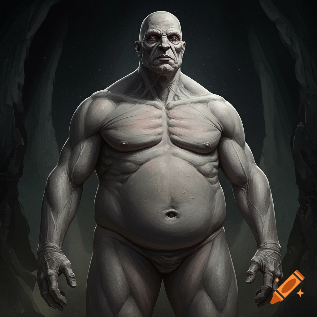 A massive, muscular, hairless gray man with a potbelly is in a dark cave.