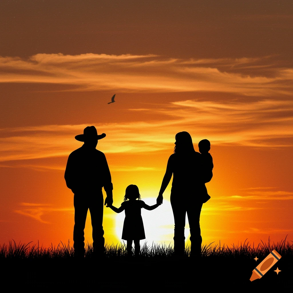 Silhouette of a family standing in grass at sunset.