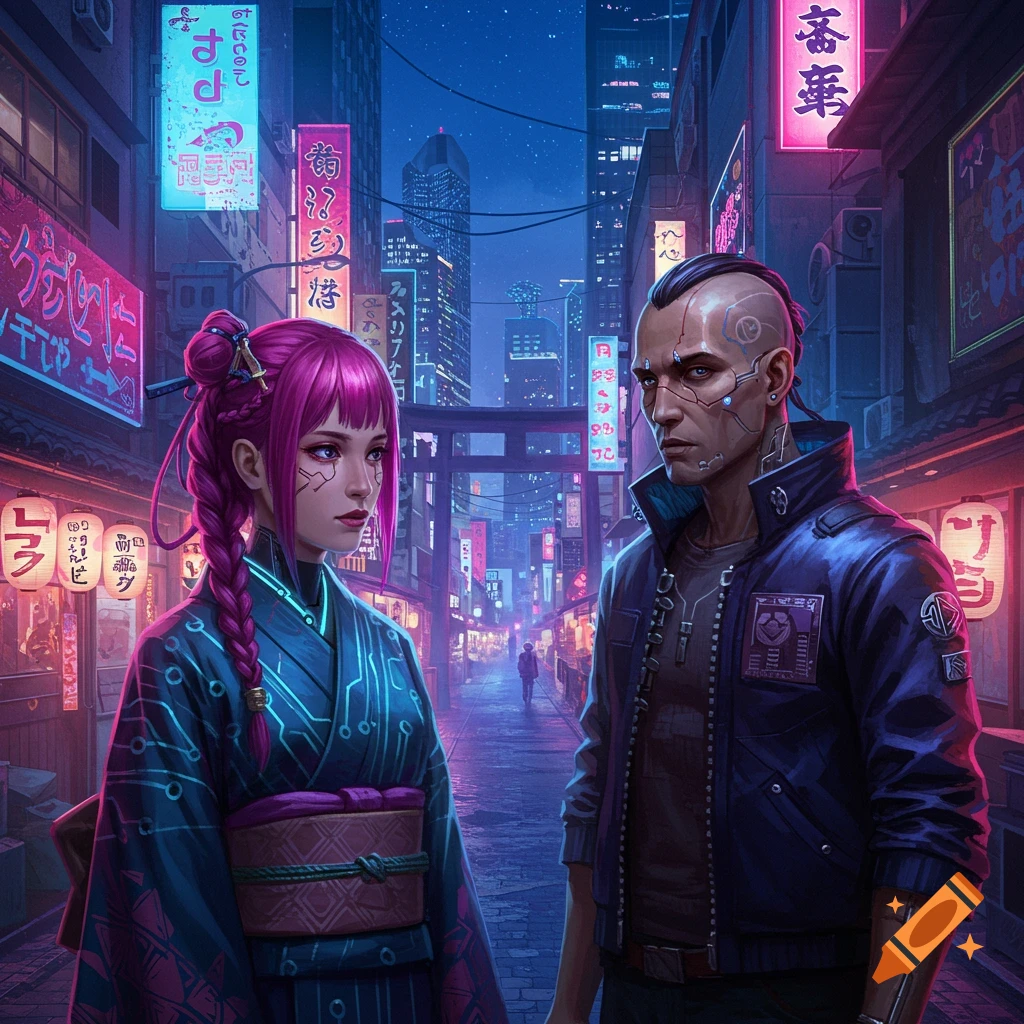 Two people standing in a cyberpunk street in Japan at night, lit by neon signs.