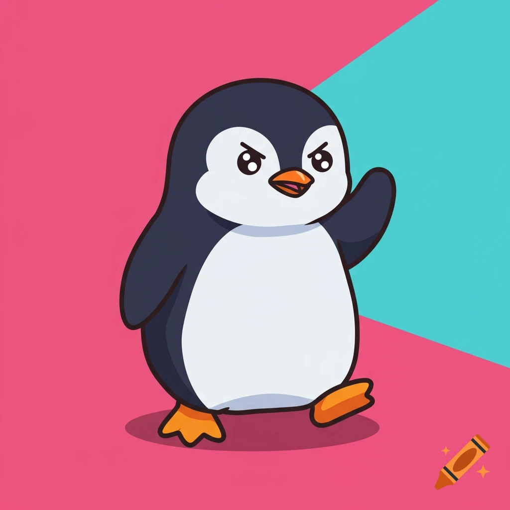 Cute cartoon penguin with an angry expression raising a flipper on a pink and blue background.