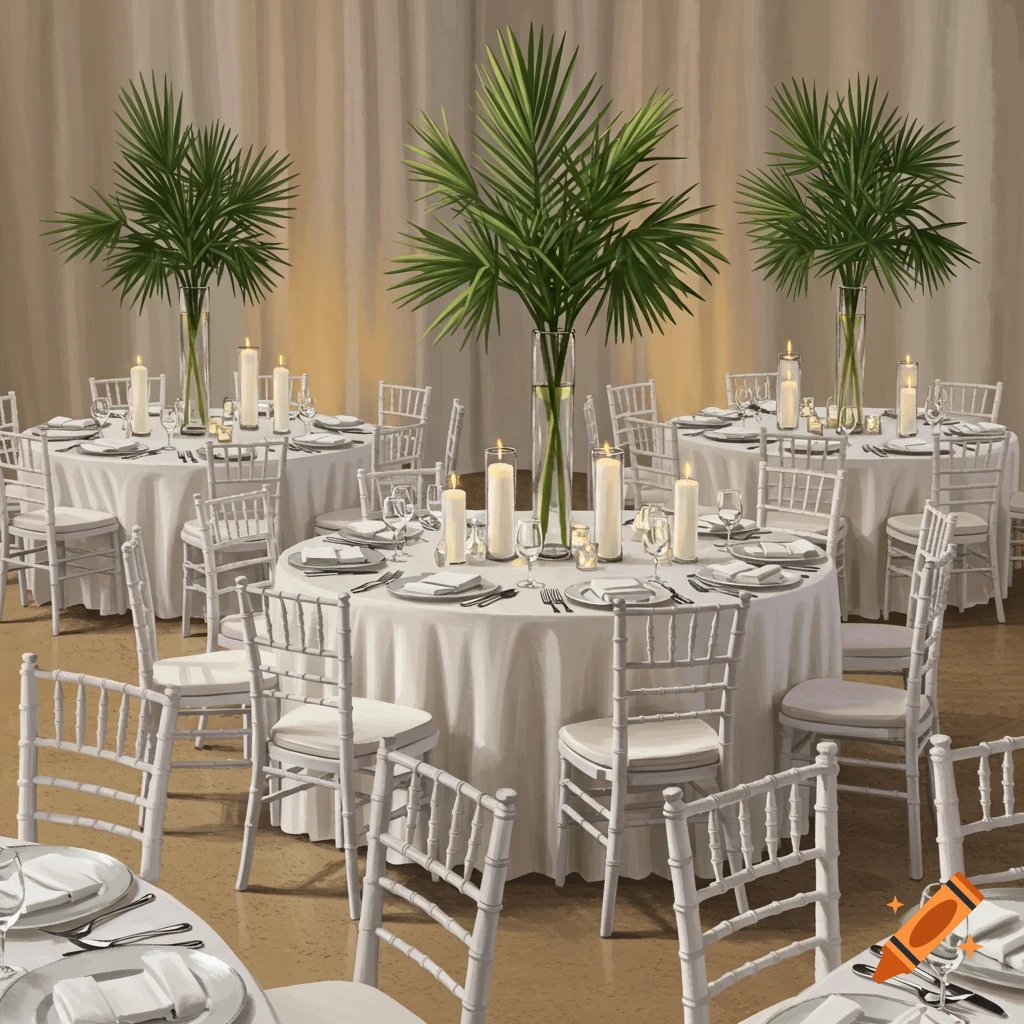 Wedding tables set with white tablecloths, white chairs, palm leaves, and candles.