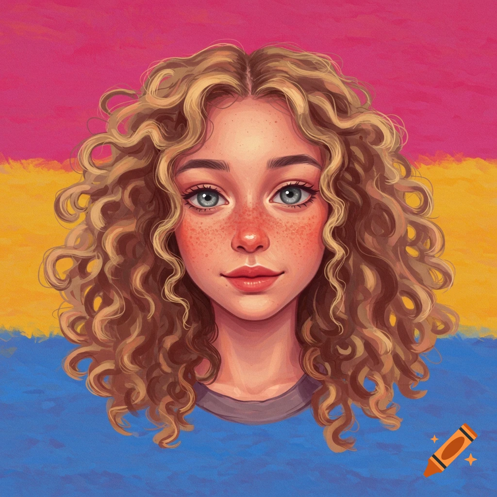 A young woman with curly hair and freckles against a pink, yellow, and blue striped background.