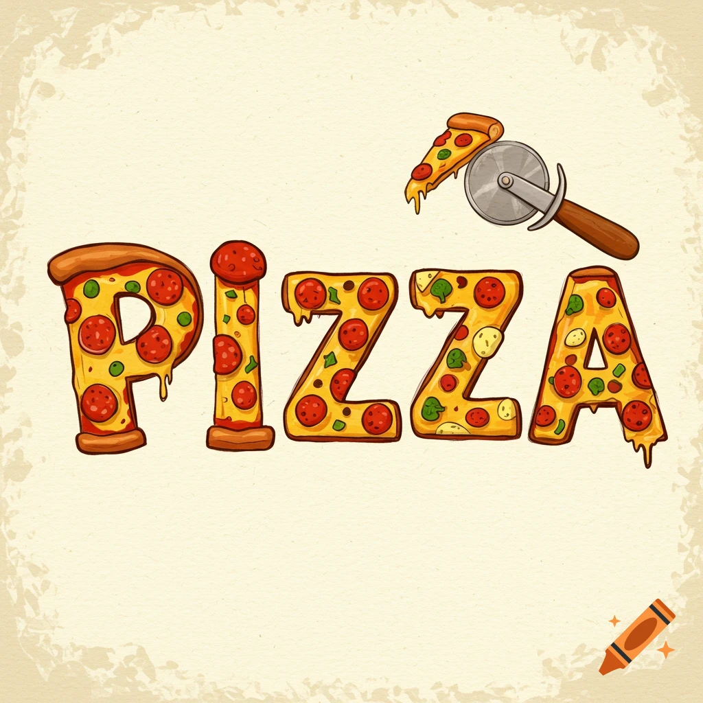 Illustration spelling out the word PIZZA using pizza slices, with a pizza slice and cutter above.