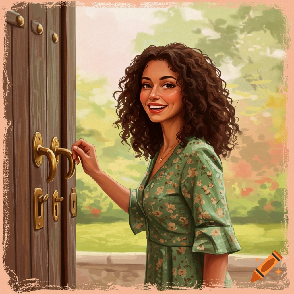 A woman opening a wooden door outside with a garden in the background.