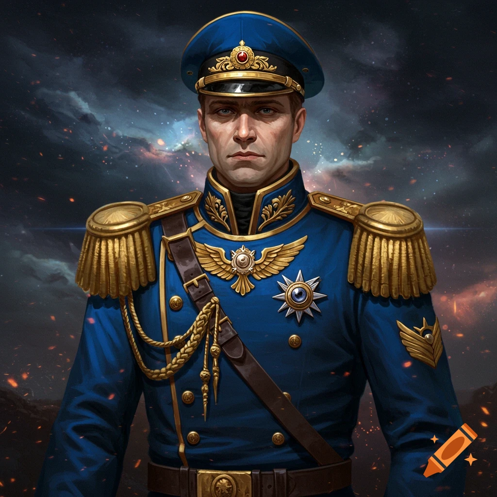 A man in a detailed blue and gold fantasy military uniform against a dark sky.