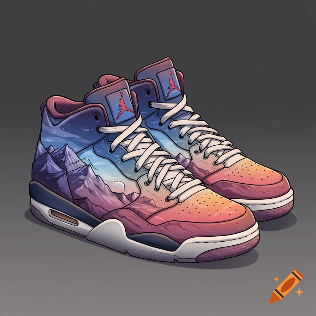 Sneakers with a mountain landscape design.