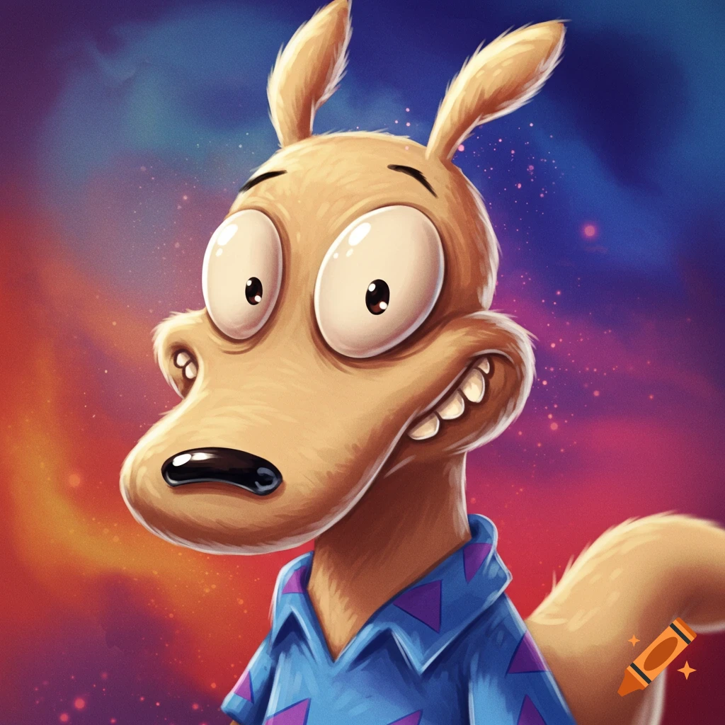 Close-up of the cartoon character Rocko from Rocko's Modern Life smiling.