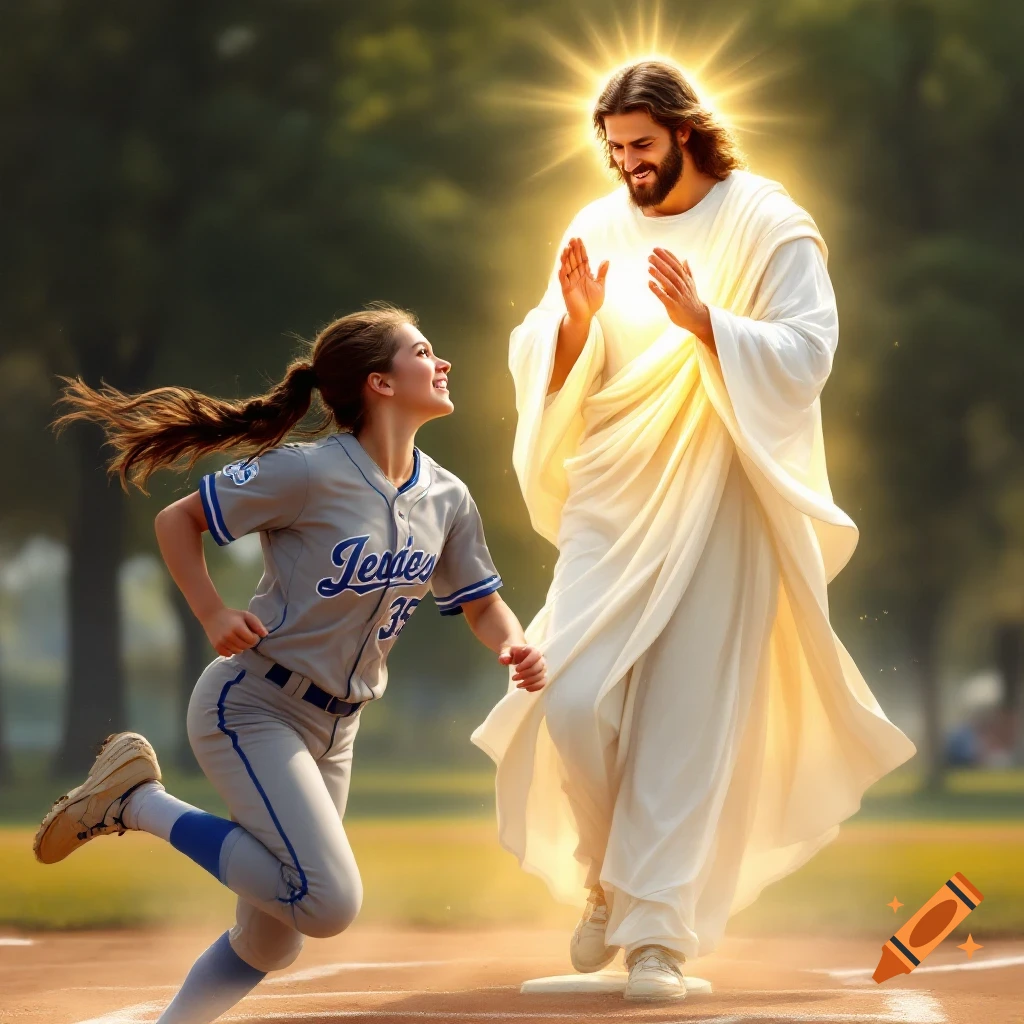 Young softball player running on a field towards a glowing figure of Jesus reaching out