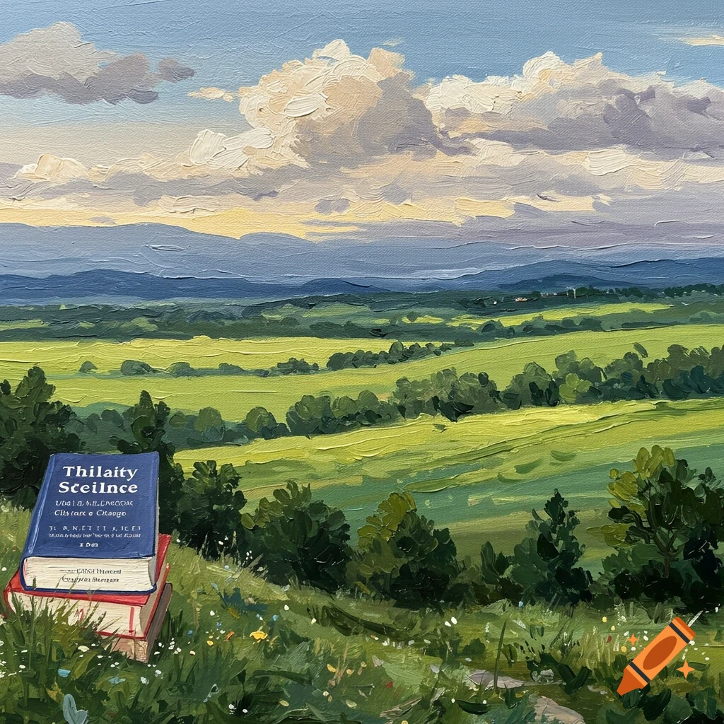 An oil painting of a hilly green landscape with mountains in the distance and several books stacked in the grassy foreground.
