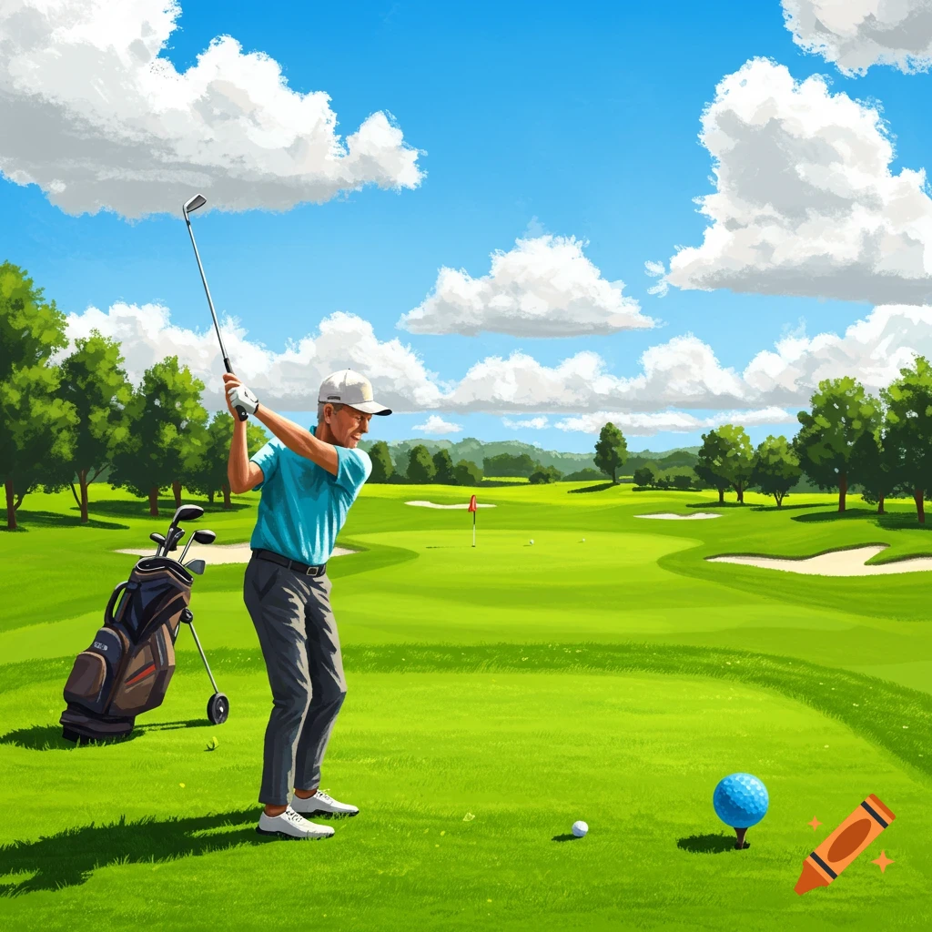 A person playing golf on a sunny course with a blue ball