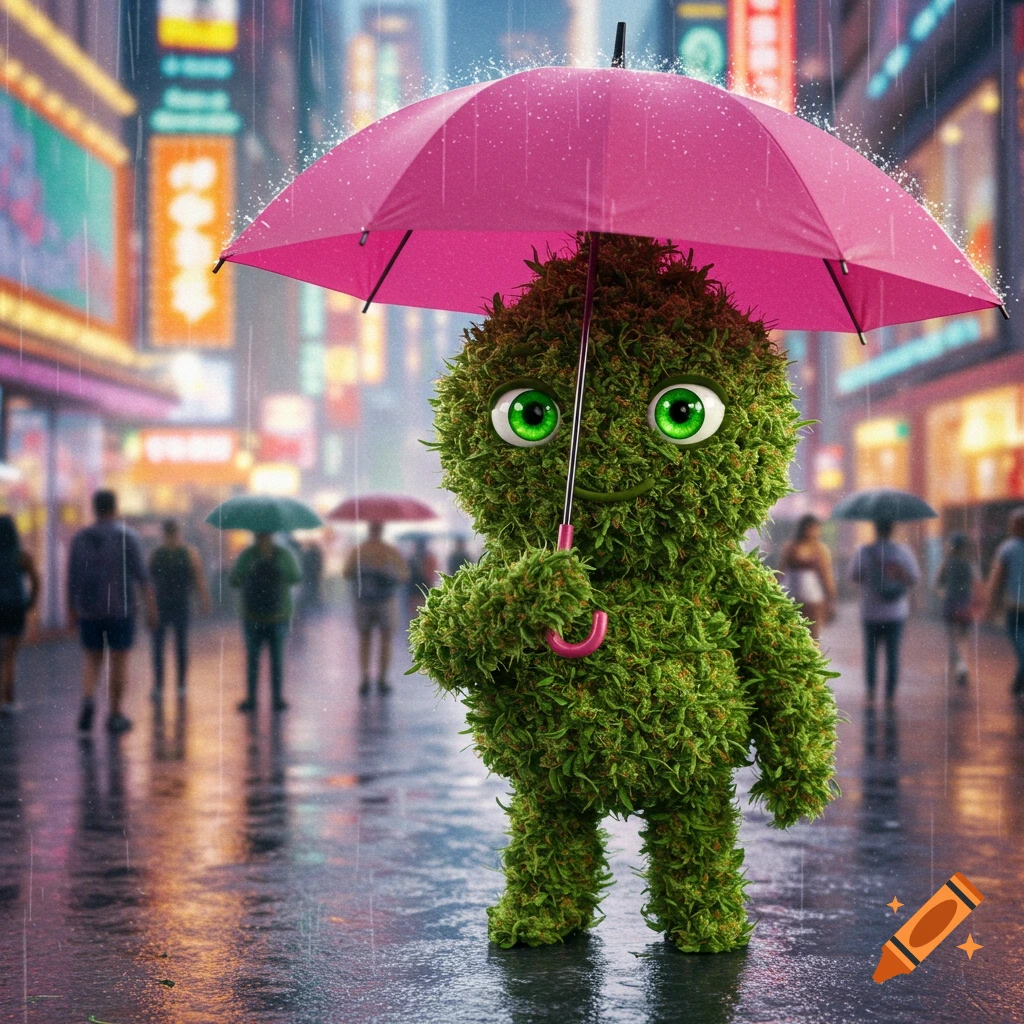 A green, mossy-textured character with large eyes holds a pink umbrella on a wet city street in the rain.
