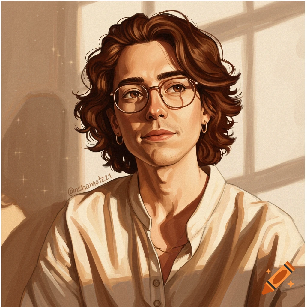 A person with wavy brown hair and glasses, sitting in sunlight near a window