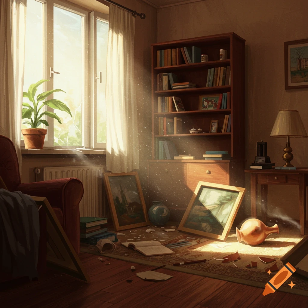 A dimly lit room with sunlight streaming through a window, revealing a bookshelf, furniture, and broken items scattered on the floor.
