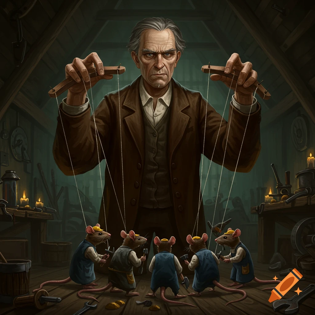 An old puppet master controls anthropomorphic rats in a workshop.