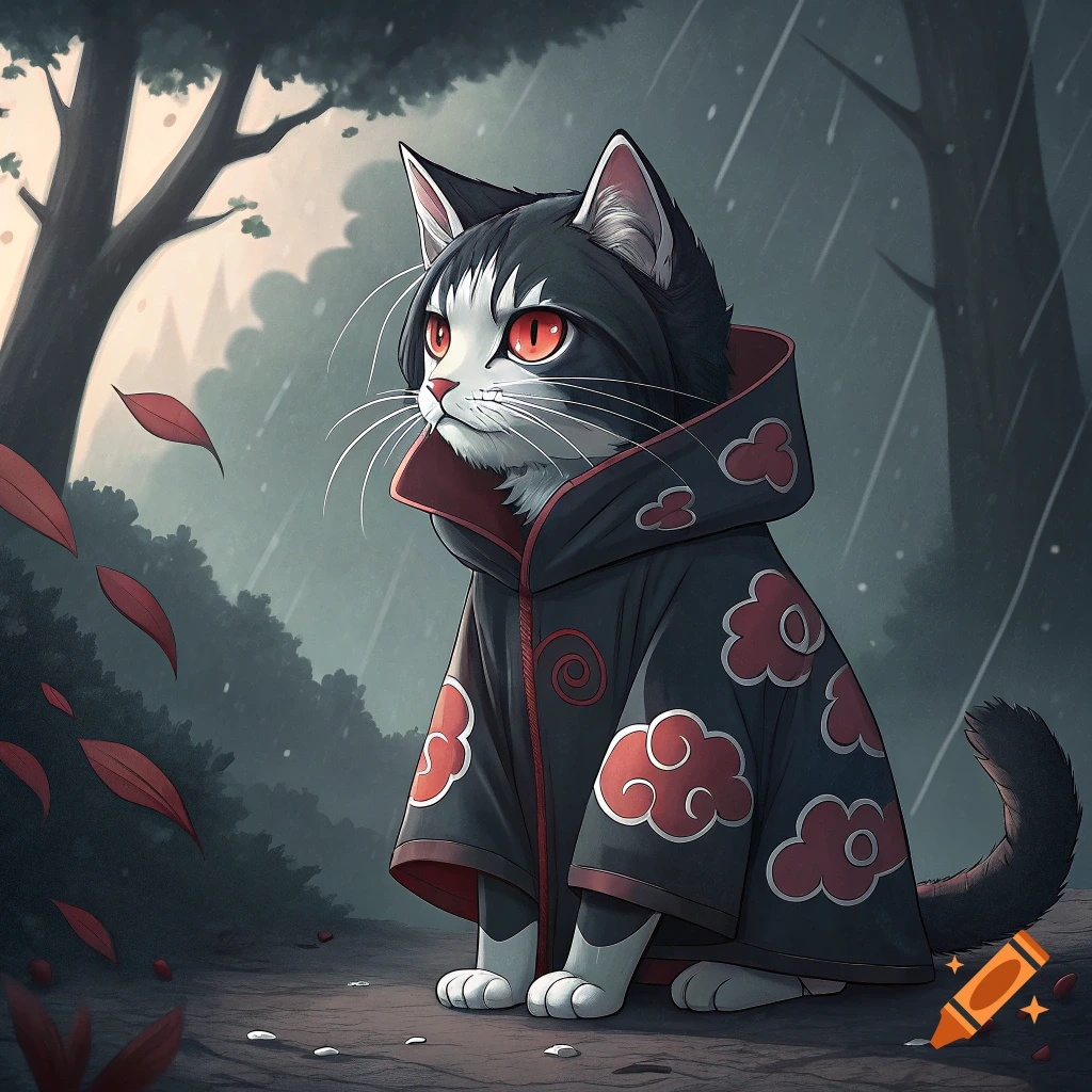An anthropomorphic cat dressed in an Akatsuki robe sits in the rain, anime style.