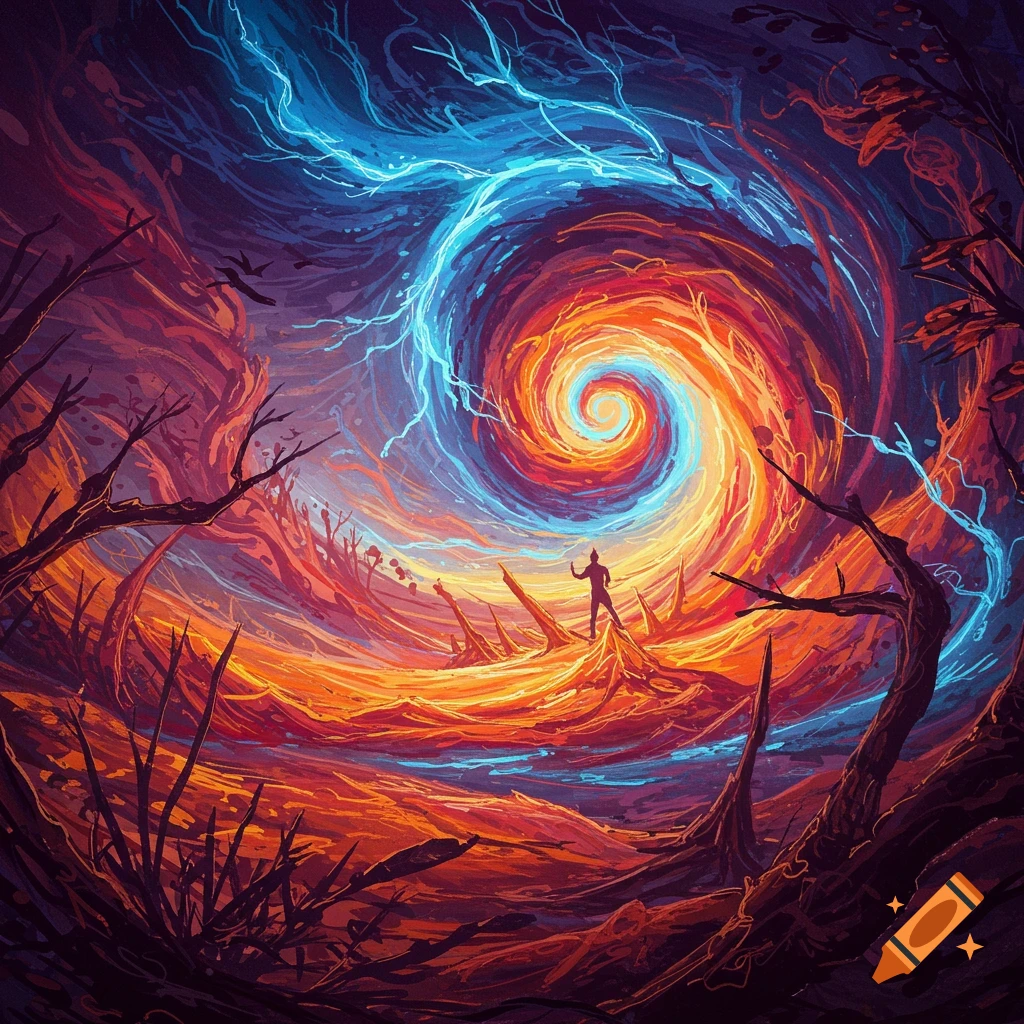 A figure stands in a swirling vortex of electric blue and fiery orange colors.
