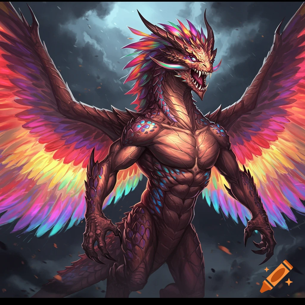 A muscular dragon with rainbow wings.