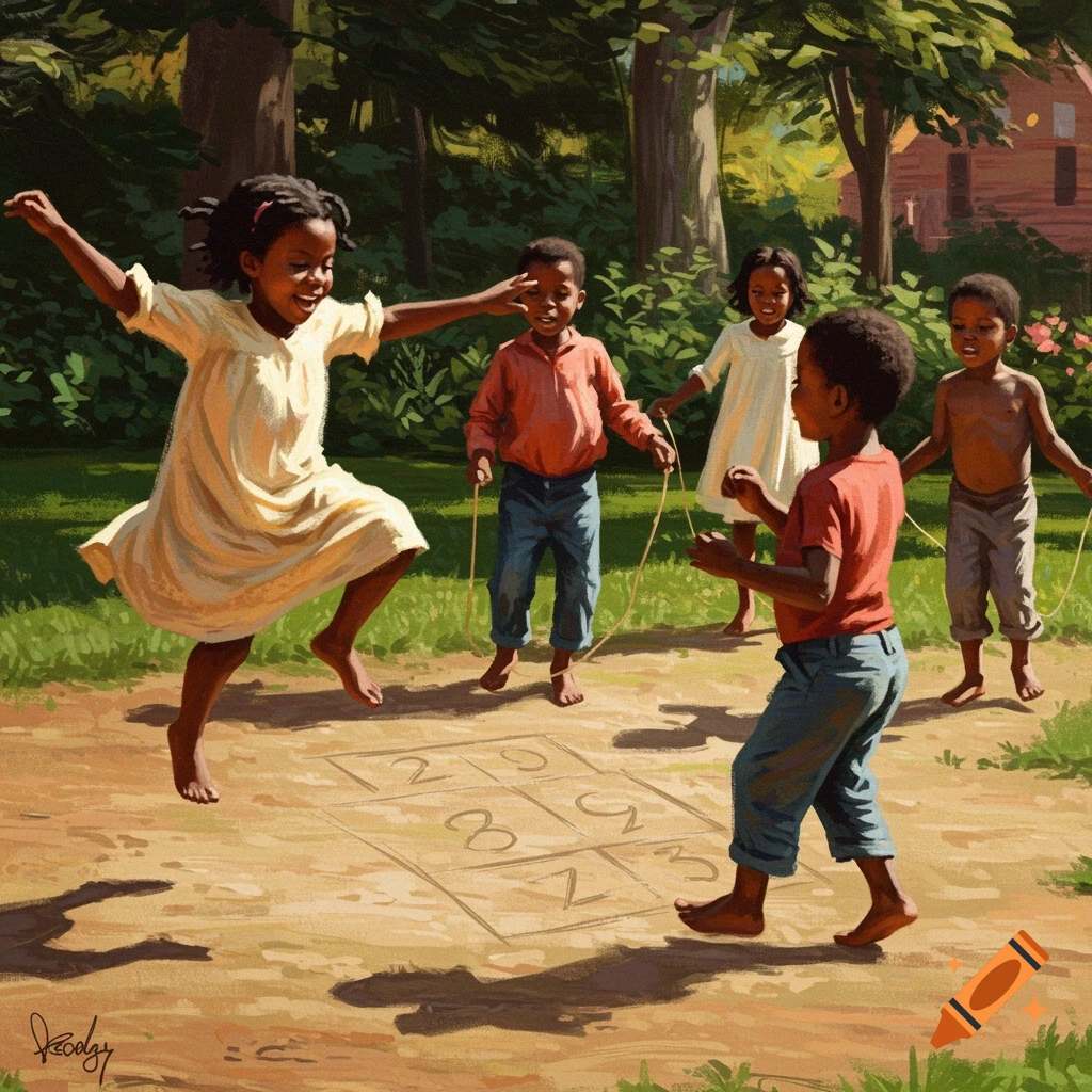 Children are playing hopscotch and jump rope outdoors.