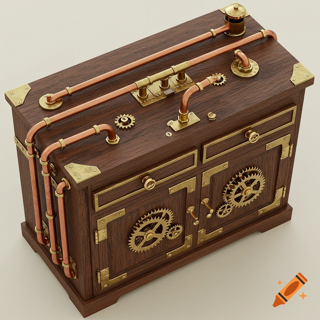 Steampunk wooden cabinet with copper pipes and brass gears.
